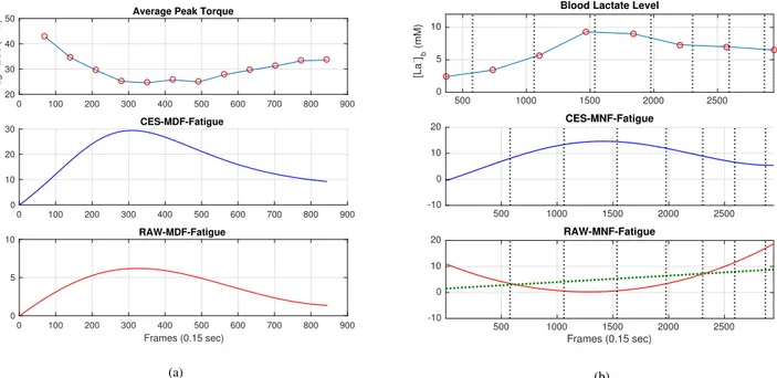 Figure 3. (a) The plots of average peak torque (top), CES-applied fatigue estimation (center), raw fatigue estimation (bottom) for the anaerobic exercises (b) The plots of lactate in blood (top), CES-applied fatigue estimation (center), raw fatigue estimat