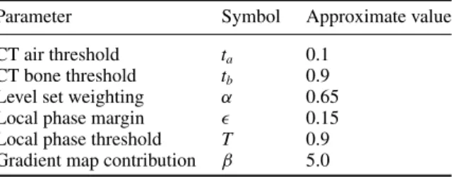 Table 1. Summary of parameters for the CT tumour segmentation algorithm. MicroCT data and local phase maps are normalized to range 0–1.