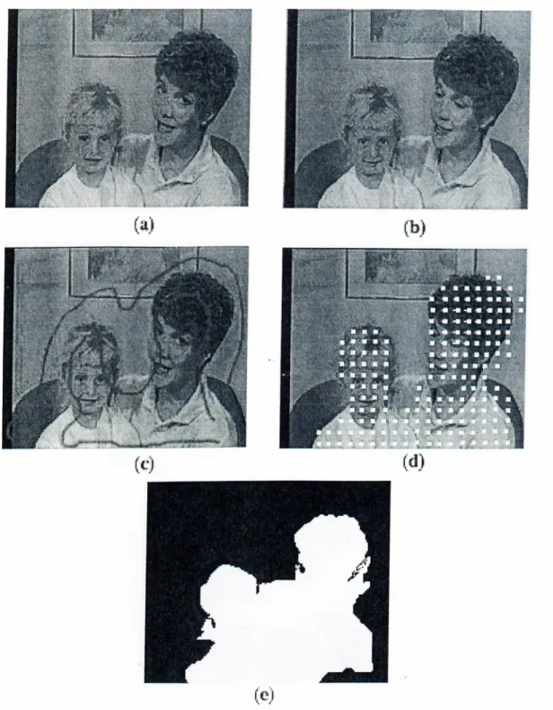 Figure  3.9:  A  motion  si'gmentation  result  for  Mother&amp;Daughter:  (a)  O'·''  franu'  (!))  25'·^'  frame'  (c)  sui)ervisioii  (d)  motion  vectors  (e)  segmentation  mask.