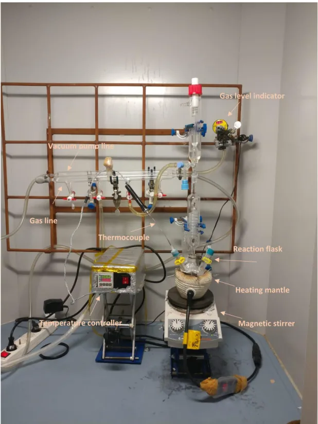 Figure 2.2: The Schlenk line apparatus and utilities employed for the synthesis under  non-ambient conditions at our laboratory