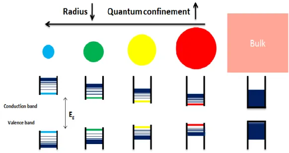 Figure 3.2.1. Schematic representation of semiconductor NQDs , along with its bulk, showing  modified electronic band structures due to quantum confinement