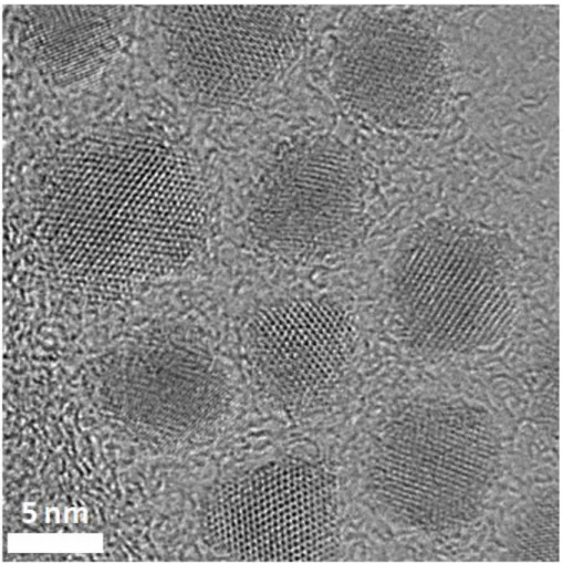 Figure 3.4.3 High resolution TEM image of  CdSe/CdSe-CdS-ZnS/ZnS alloy like core/shell  NQDs having PL QEs around 80%