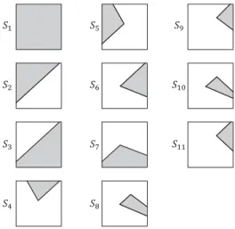 Fig. 1. An example of 11 subspaces of R 2 . The square shapes represent the whole R 2 space and the gray regions show subspaces.