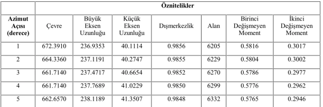 Tablo 1. Kullanılan bir gemi için çıkarılan öznitelik vektörleri (5 derece azimut aralığı için).