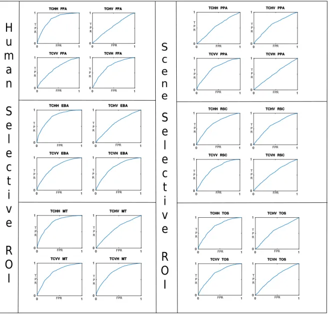Figure 5.5: ROC curve for subject ‘TC’ with selected ROIs. FFA, EBA and MT selected as human selective ROIs and PPA, RSC, TOS selected as object selective ROIs