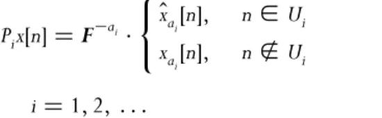 Figure 1 Reconstructed (solid) and original (dashed) signal at the 1st, 5th and 25th iterations and percent error against number of iteration cycles
