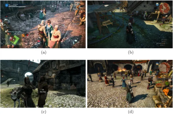Figure 1.1 shows examples of gaze behavior in three popular games where the first two images (a, b) show characters that just look forward, the third image (c) contains NPCs that look at the player agent continuously, and the fourth image (d) shows a scene