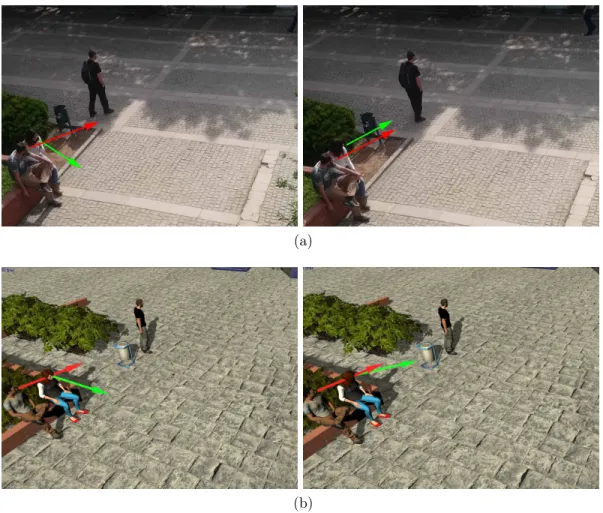 Figure 5.7: Still frames showing the effects of gaze copy: (a) video frames and (b) simulation frames.