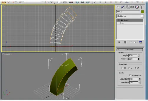Figure 3.4. The ‘modify tab’ in the command panel and   the effect of the bend modifier on a rectangular prism