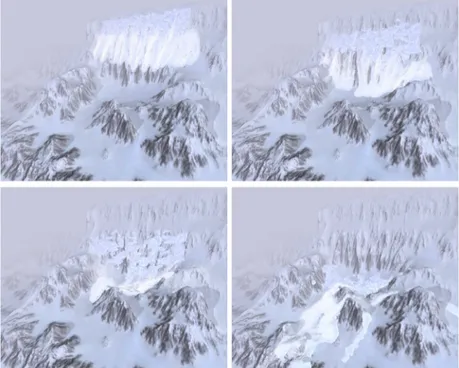 Figure 8. Flowing avalanche set loose on a mountainous terrain. Rendering includes MCs and ice chunks.
