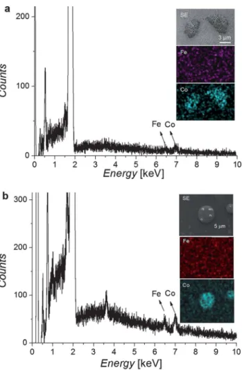 Fig. 7 EDS spectra from the Al–O/Fe–O/Al–O surface (a) after the drying of Co(NO 3 ) 2 $6H 2 O at 40  C and (b) after the calcination step at 200  C prior to ACCVD