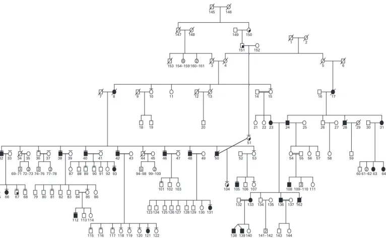 Figure 1 Complete pedigree structure of X linked idiopathic congenital NYS. Full shaded symbols indicate the NYS phenotype