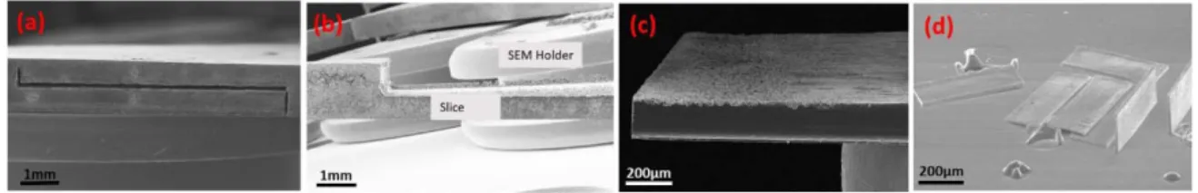 Fig.  2 Cross-sectional SEM images of laser-processed c-Si wafer at different stages: after 20 minutes etching (a), slice formation after 3  hours etching (b), (c), and (d)
