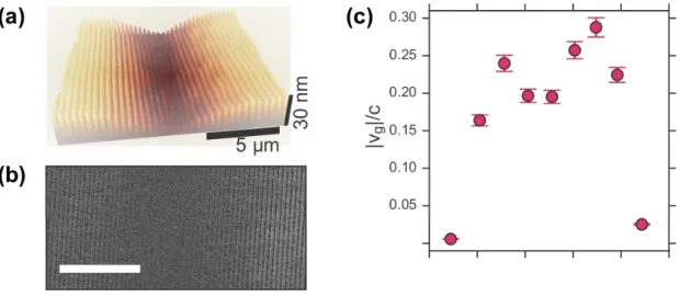 Figure 1. (a) AFM image of a Moiré 250+256  nm cavity. (b) SEM image of the same cavity