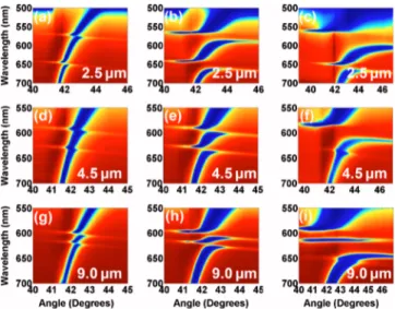 Figure 2 shows the dispersion diagrams extracted from the polarization dependent spectroscopic reflectivity maps of the corresponding Moiré surfaces with the indicated cavity sizes and grating groove depths