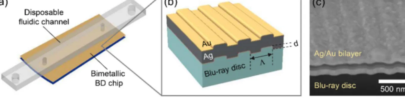 Fig. 2. Grating coupled SPRi sensor chip. (a) Schematic of the SPRi chip assembly fabricated by integrating a bimetallic Blu-ray disc chip and a disposable ﬂuidic channel