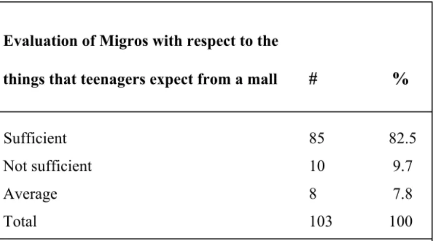 Table 16 – Evaluation of Migros with respect to the things that teenagers expect from  a mall 