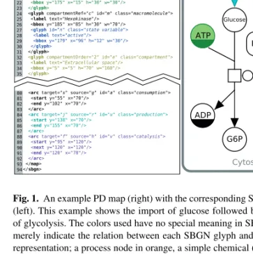 Fig. 1. An example PD map (right) with the corresponding SBGN-ML code (left). This example shows the import of glucose followed by the first step of glycolysis