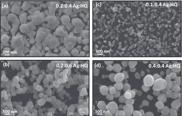 Fig. 3. Influence of the growth time on the size and morphology of Ag nanostructures. SEM images of the Ag nanostructures grown for (a) 1 h, (b) 4 h, (c) 24 h, and (d) 48 h