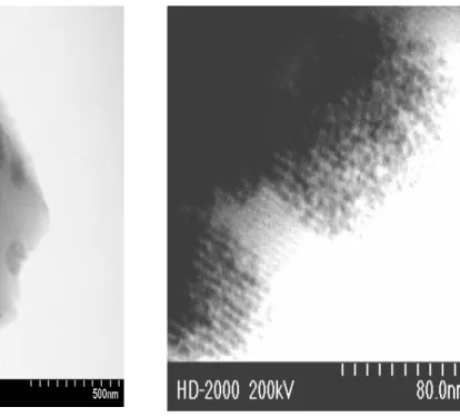 Fig. 3.2.2. The TEM images of thin film samples; A) a bright field (scale bar is 500 nm)  and B) a bright field image (scale bar is 80 nm) of nano-Cd 0.5 Zn 0.5 S-meso-SiO 2 