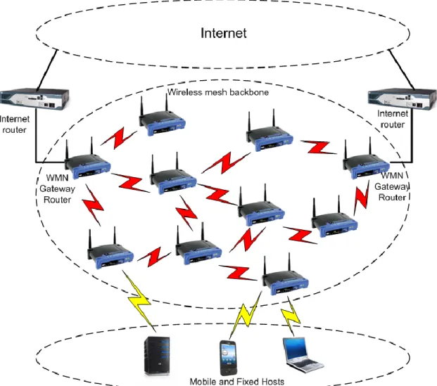 Figure 2-2 Wireless mesh network, routers, clients and gateways 