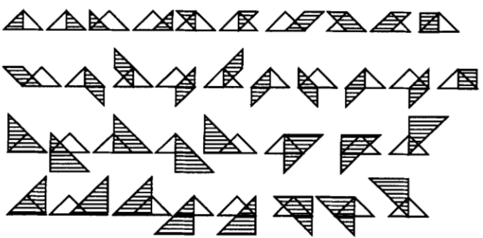 Figure  9.  Piece  orientations for  units  (shaded)  mutually  inhibitory  with  unit  for  a  medium triangle  piece in the  UP  orientation (white)