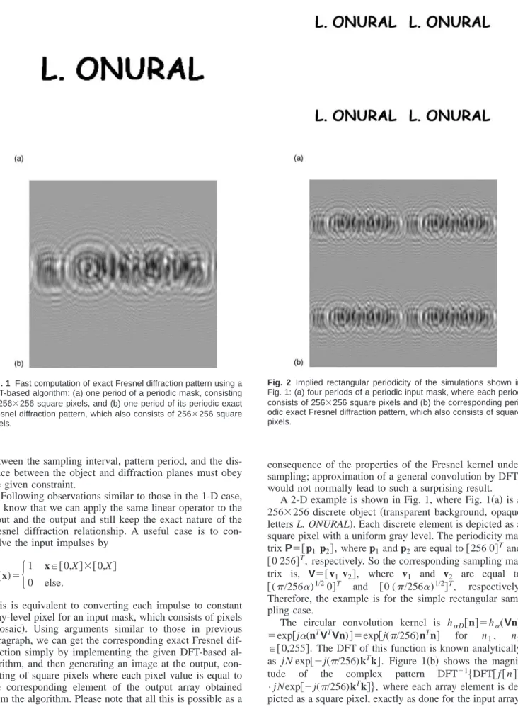 Fig. 1 Fast computation of exact Fresnel diffraction pattern using a DFT-based algorithm: (a) one period of a periodic mask, consisting of 256 ⫻ 256 square pixels, and (b) one period of its periodic exact Fresnel diffraction pattern, which also consists of