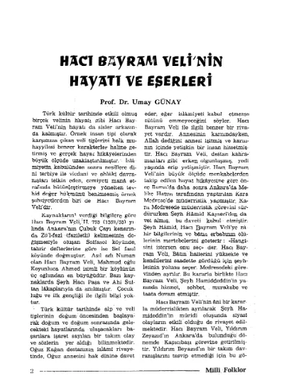 Hacı Bayram Veli'nin Hayatı Ve Eserleri Prof. Dr. Umay Günay