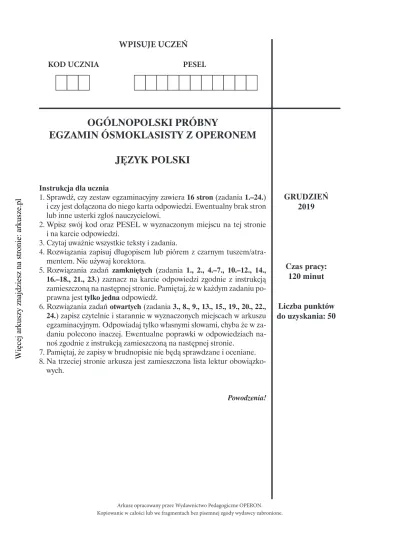 OGÓLNOPOLSKI PRÓBNY EGZAMIN ÓSMOKLASISTY Z OPERONEMJĘZYK POLSKI