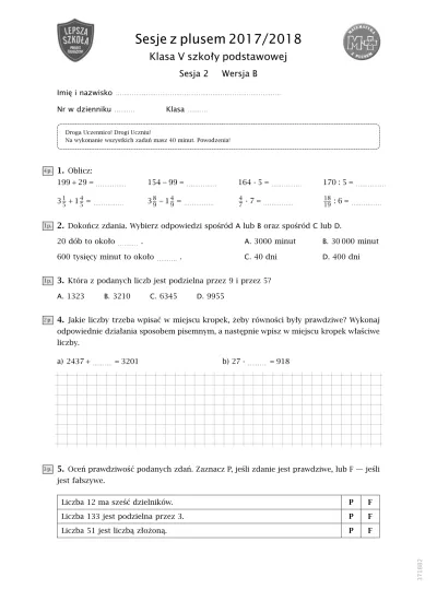 Sesje z plusem 2017/2018 Klasa V szkoły podstawowej