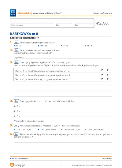 KARTKÓWKA nr 8RACHUNEK ALGEBRAICZNY