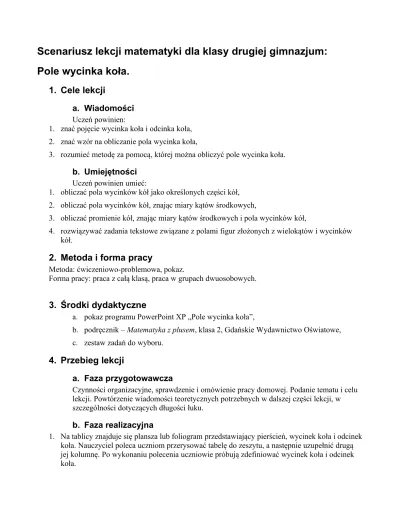 Scenariusz lekcji matematyki dla klasy drugiej gimnazjum: Pole wycinka