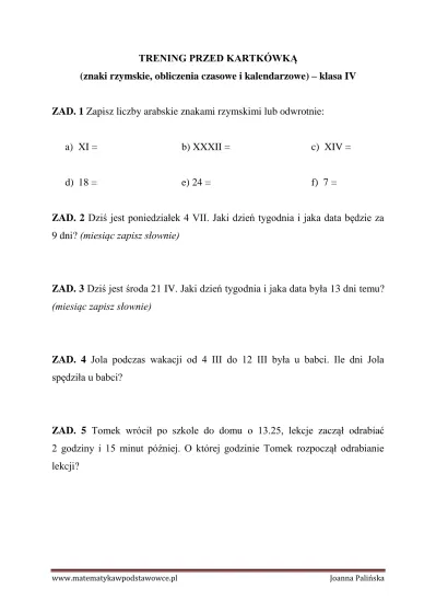 Kartkówka (klasa IV) – Znaki rzymskie, kalendarz, czas