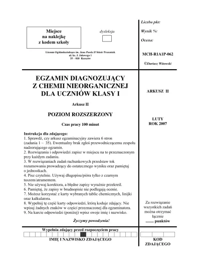 EGZAMIN DIAGNOZUJĄCY Z CHEMII NIEORGANICZNEJ DLA UCZNIÓW KLASY I