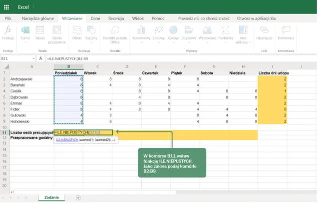 Rysunek 3.3: Przykładowy zrzut ekranu z programu Microsoft Excel dostępny w zadaniu edukacyjnym na platformie SpaceCalc