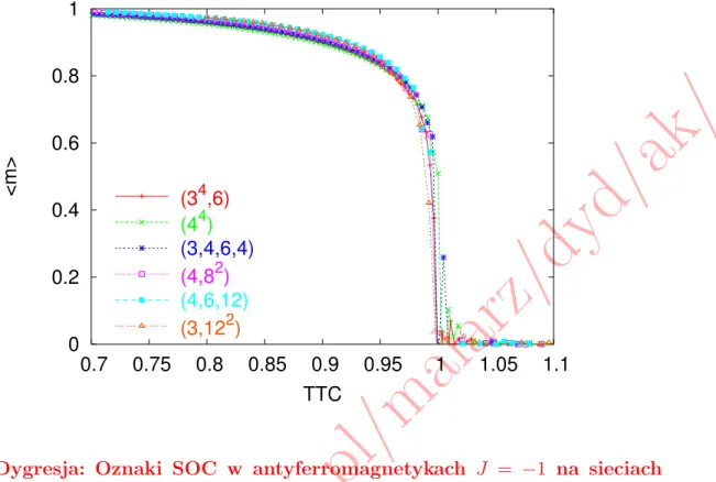 Rysunek 11.3: Dependence of the average magnetisation hmi on normalized dimensionlees tem- tem-perature T /T C for (3 4 , 6), (3, 4, 6, 4), (4, 6, 12), (4, 8 2 ) and (4 4 ) AL