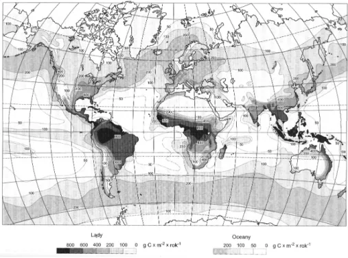 Mapa 1 Produktywność lądów i mórz (według H. Lietha i R.H. Whittakera, 1975)