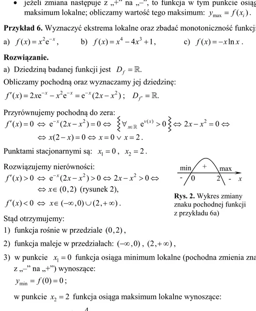 Rys. 2. Wykres zmiany  znaku pochodnej funkcji   z przykładu 6a) 