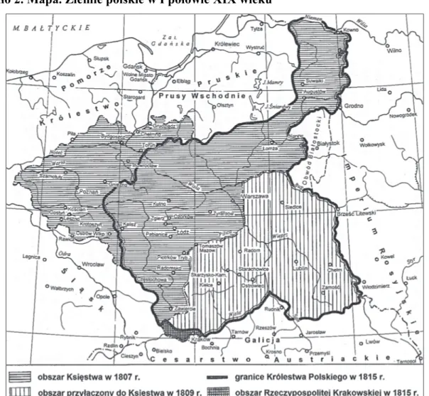 Źródło 2. Mapa. Ziemie polskie w I połowie XIX wieku 