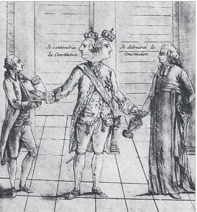 Rysunek satyryczny dotyczy sytuacji politycznej we Francji przed   A.  zwołaniem Stanów Generalnych przez Ludwika XVI