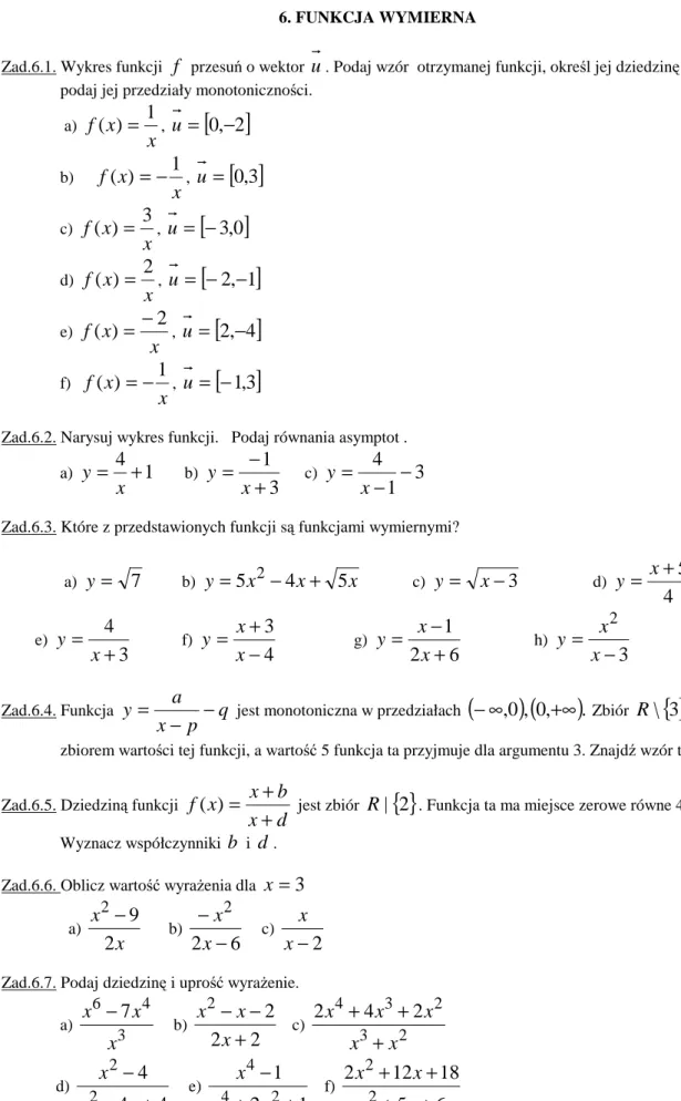 Zad.6.1. Wykres funkcji  f  przesuń o wektor  u . Podaj wzór  otrzymanej funkcji, określ jej dziedzinę oraz   podaj jej przedziały monotoniczności