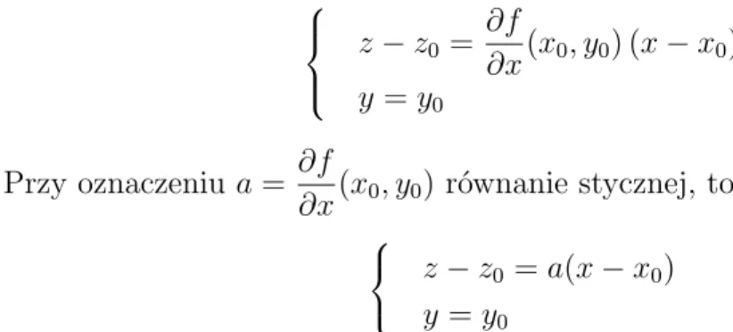 Wykres funkcji z = f (x, y) jest podzbiorem przestrzeni R 3 . Rozważamy obraz prostej y = y 0 przez funkcję f (x, y), czyli krzywą (x, y 0 ) 7→ f (x, y 0 )