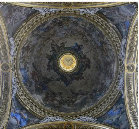 Figure 5. Rome, Church of Santa Maria in Valicella. Dome decoration—Adoration of the  Holy Trinity and the Holy Cross Tree, painter Pietro Berrettini da Cortona, 1664–1665.