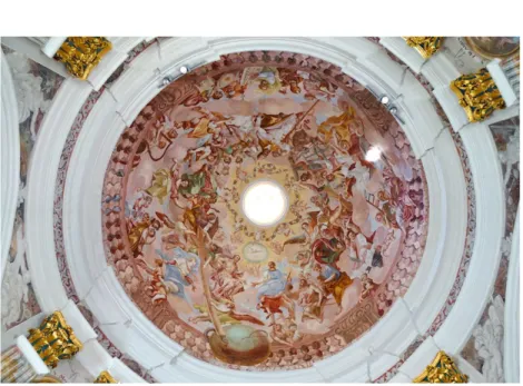 Figure 4. Frombork, Chapel of the Most Holy Savior (the Szembek Chapel). Dome deco- deco-ration—Adoration of the Holy Trinity, painter Maciej Jan Meyer, ca. 1735, photo by the  author, 2019.