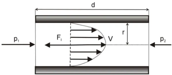 Rysunek II.1 przedstawia rozkład prędkości przy laminarnym przepływie cieczy przez rurkę