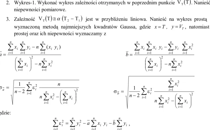 2. Wykres-1. Wykonać wykres zależności otrzymanych w poprzednim punkcie  V T   T . Nanieść na wykres niepewności pomiarowe.