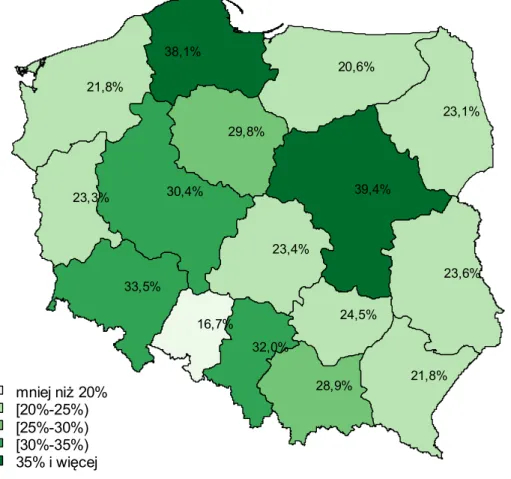 Wykres 1: Odsetek szkół zgłoszonych do programu w poszczególnych województwach. 