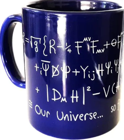 Figure 1: The standard model on a mug. The first row has the Einstein-Hilbert term for gravity ( = 2) and the kinetic and topological terms for the gauge fields ( = 1) describing the electromagnetic, weak and strong interactions