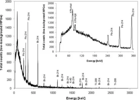 Figure 4.5. The gamma spectrum measured in the P1 salt cavern in the Polkowice - Sieroszowice mine for 24 hours by the low-background HPGe spectrometer without shielding [74]