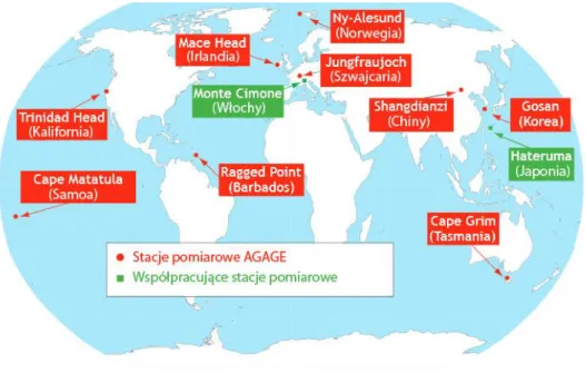 Rysunek  2.3.  Stacje  badawcze  zrzeszone  w  globalnym  systemie  pomiaru  gazów  śladowych  w  atmosferze  AGAGE [http://agage.eas.gatech.edu/]